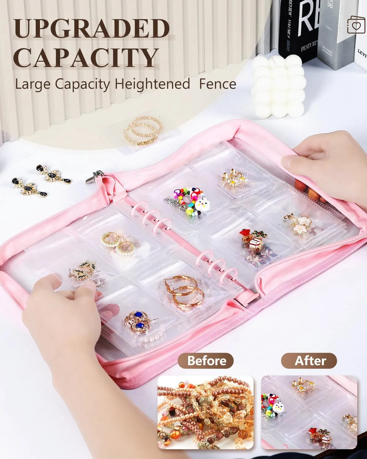 Travel Earring Organizer Book Clear Jewellry Storage Book Transparent Jewelry Case for Necklaces, Earrings, Rings (Pink, 80-Piece Clear Earring Bags)