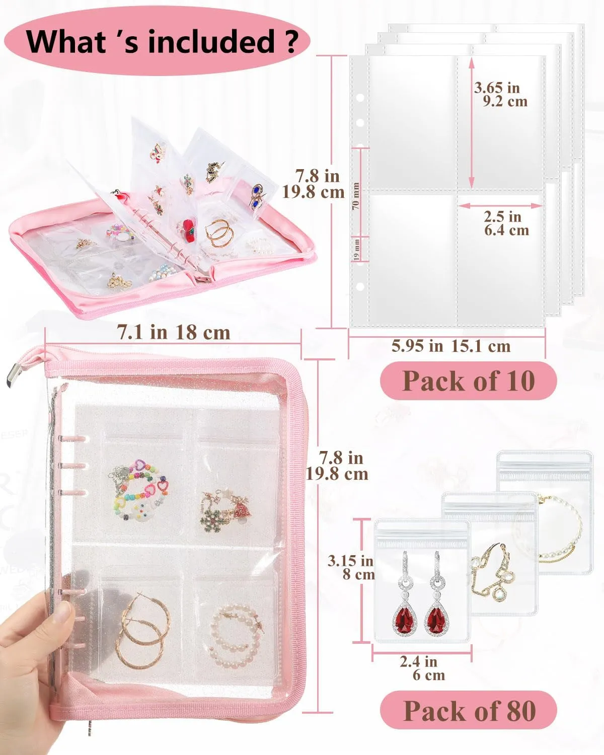 Travel Earring Organizer Book Clear Jewellry Storage Book Transparent Jewelry Case for Necklaces, Earrings, Rings (Pink, 80-Piece Clear Earring Bags)
