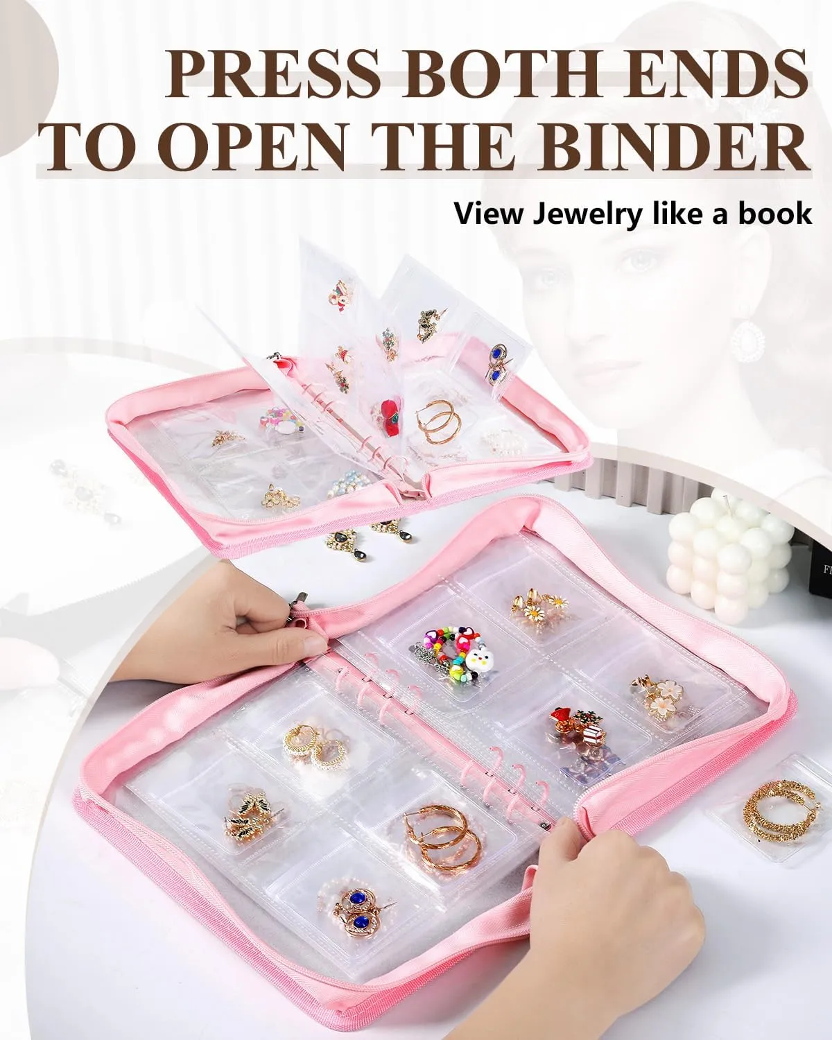 Travel Earring Organizer Book Clear Jewellry Storage Book Transparent Jewelry Case for Necklaces, Earrings, Rings (Pink, 80-Piece Clear Earring Bags)