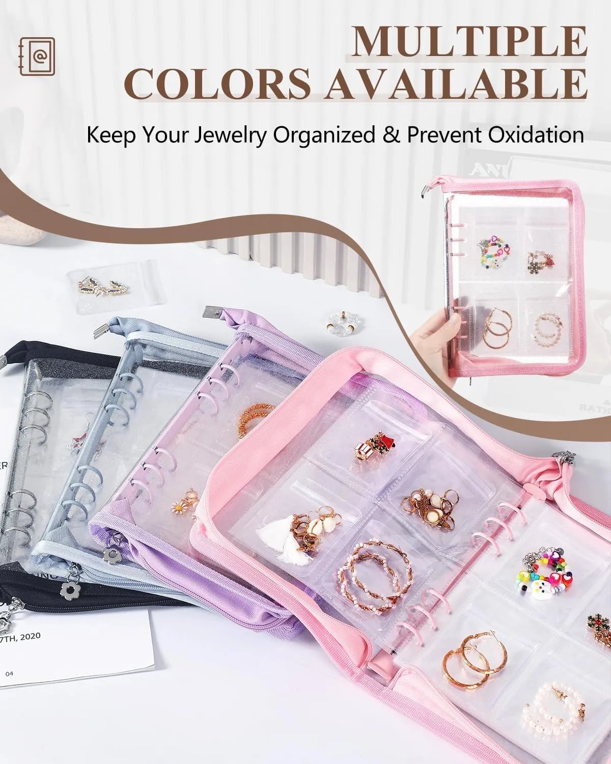 Travel Earring Organizer Book Clear Jewellry Storage Book Transparent Jewelry Case for Necklaces, Earrings, Rings (Pink, 80-Piece Clear Earring Bags)