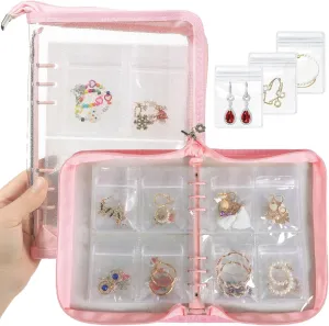 Travel Earring Organizer Book Clear Jewellry Storage Book Transparent Jewelry Case for Necklaces, Earrings, Rings (Pink, 80-Piece Clear Earring Bags)