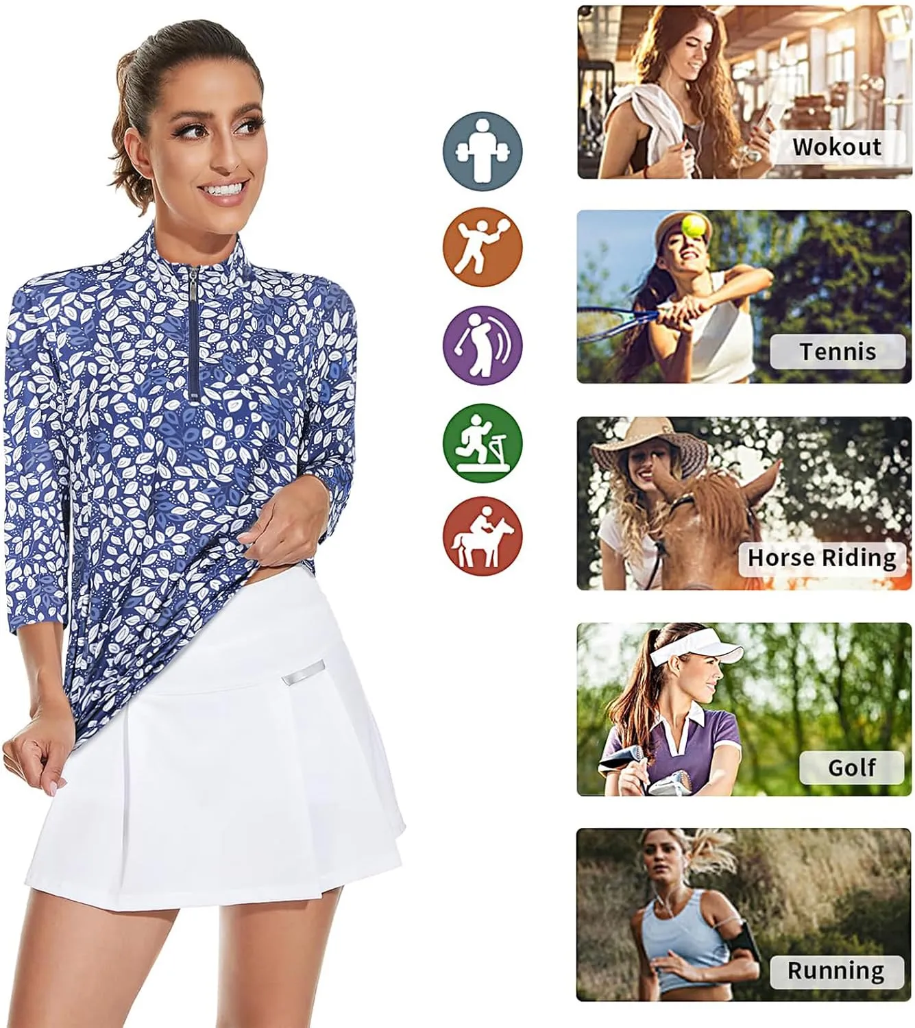 Viracy 3/4 Sleeve Womens Golf Shirts Quick Dry Quarter Zip Workout Tennis Polo Tops with Pocket