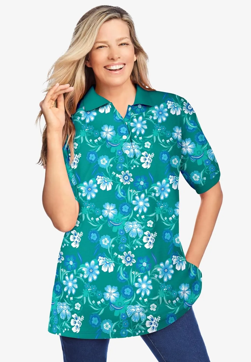 Woman Within Plus Size Elbow-Sleeve Polo Tunic