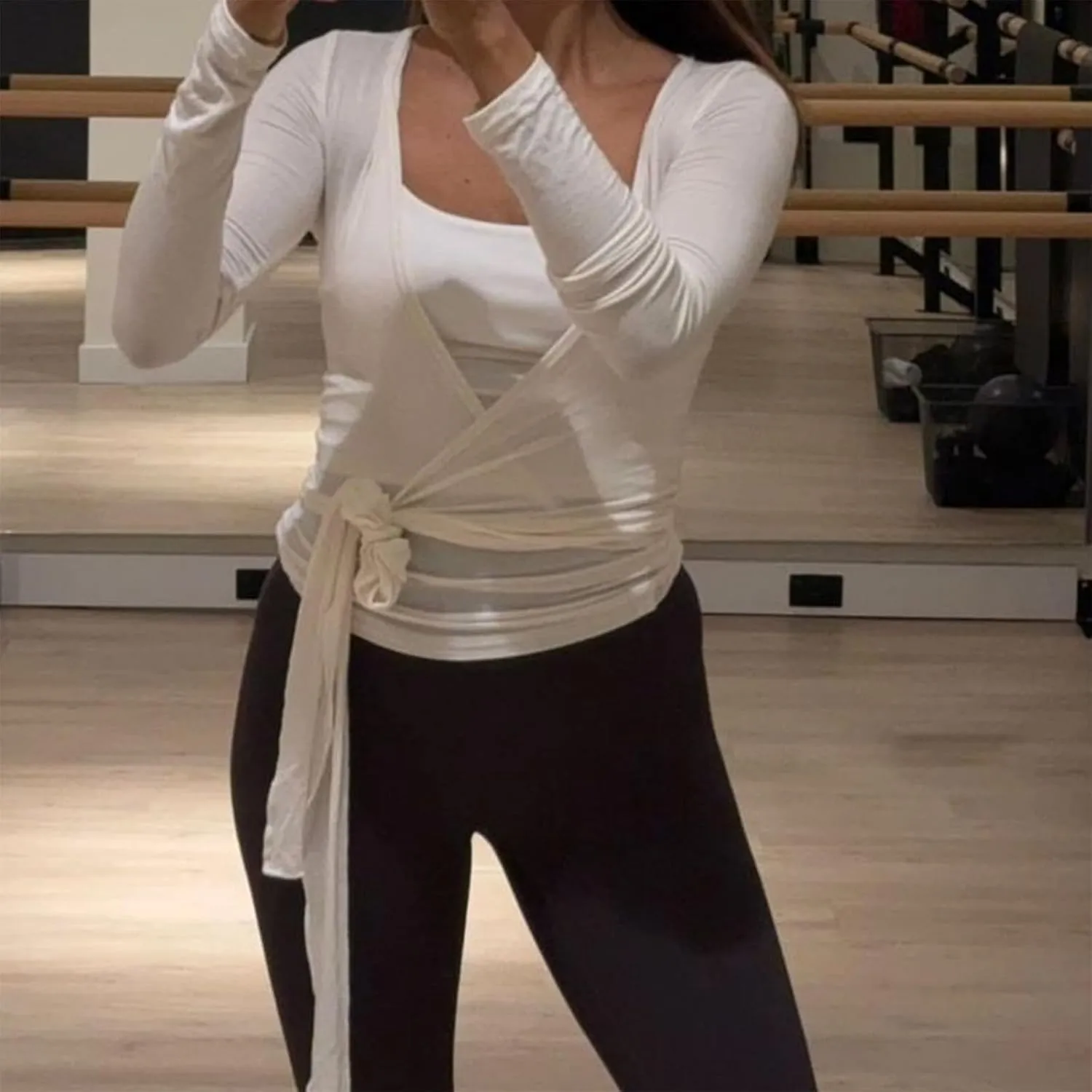 Women Y2K Cross Wrap Tie Crop Top Coquette Long Sleeve Deep V Neck Solid Slim Fit T-Shirt Fairy Yoga Workout Blouse