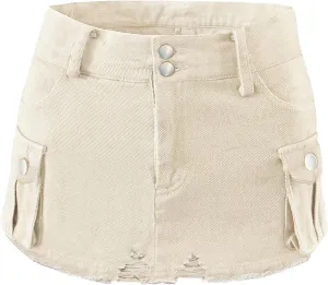Womens Mini Cargo Denim Skirt Low Waist Jean Skirts Fringed Button Bodycon Y2K Short Skirt with Flap Pockets 2024