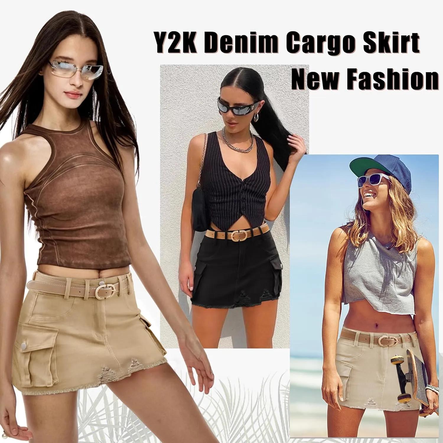 Womens Mini Cargo Denim Skirt Low Waist Jean Skirts Fringed Button Bodycon Y2K Short Skirt with Flap Pockets 2024