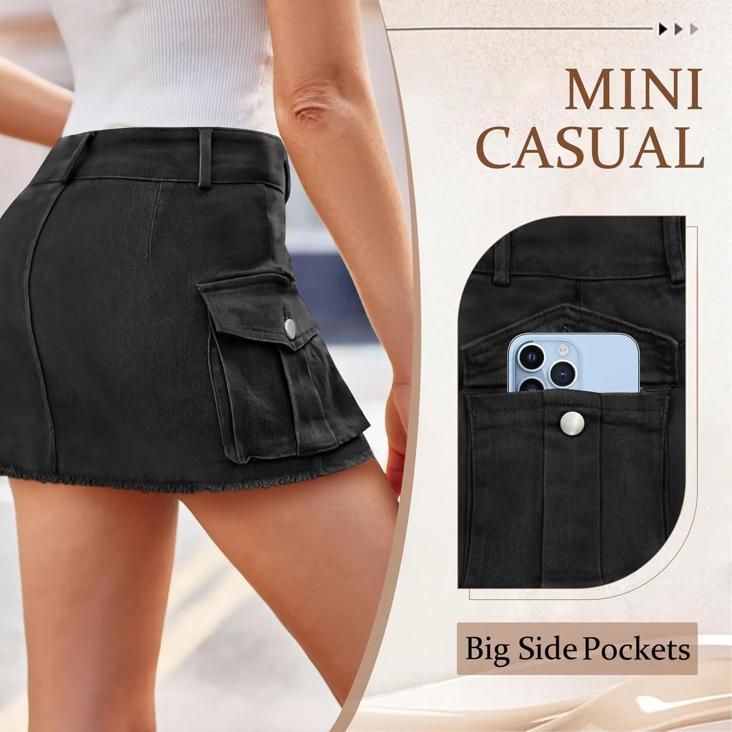 Womens Mini Cargo Denim Skirt Low Waist Jean Skirts Fringed Button Bodycon Y2K Short Skirt with Flap Pockets 2024