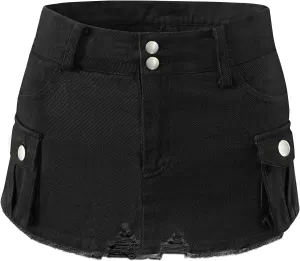 Womens Mini Cargo Denim Skirt Low Waist Jean Skirts Fringed Button Bodycon Y2K Short Skirt with Flap Pockets 2024