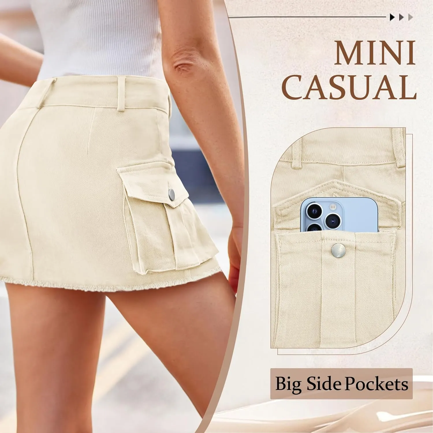 Womens Mini Cargo Denim Skirt Low Waist Jean Skirts Fringed Button Bodycon Y2K Short Skirt with Flap Pockets 2024