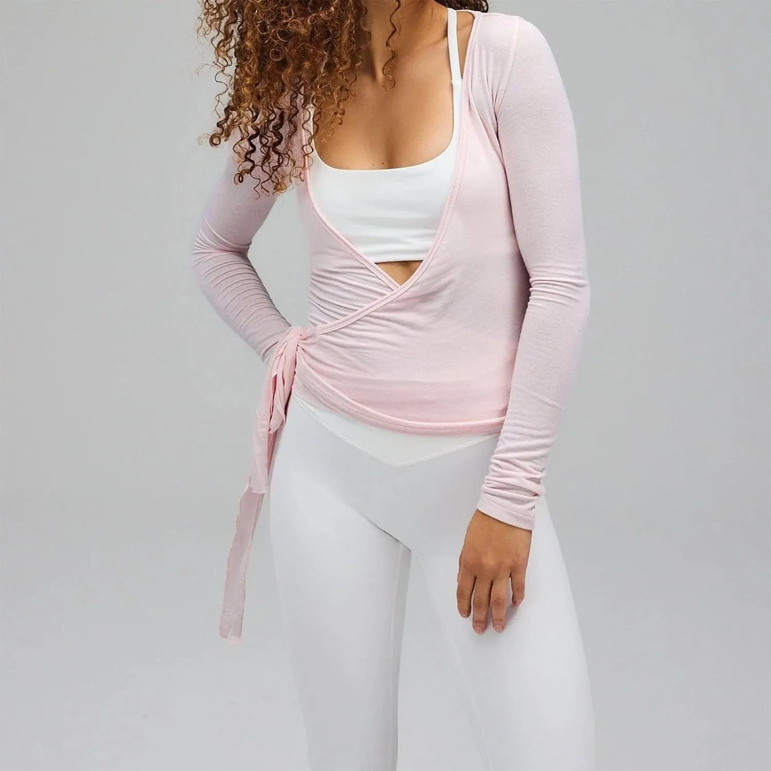 Women's Tie Wrap Top Sexy Deep V Neck Tie Front Long Sleeve Tops Casual Slim Fit Yoga Shirts Workout T Shirts