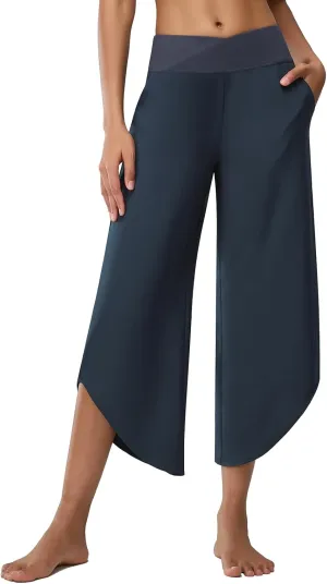 Women's Travel Pants Cross High Waist Wide Leg Lounge Cropped Pants Lightweight Casual Yoga Trousers w Pockets