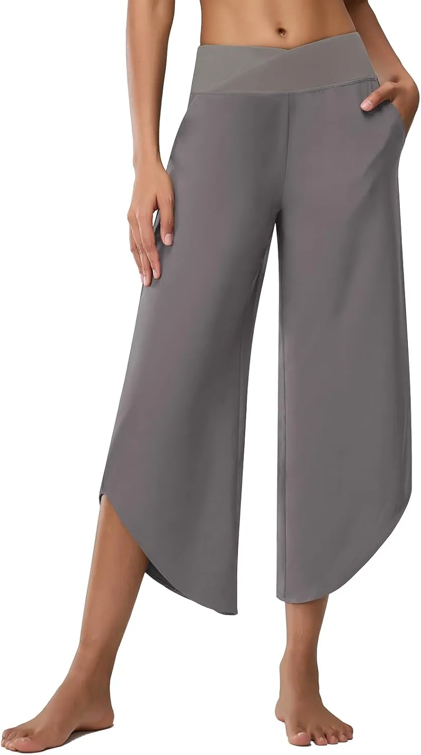Women's Travel Pants Cross High Waist Wide Leg Lounge Cropped Pants Lightweight Casual Yoga Trousers w Pockets